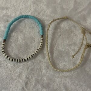 Set of 2 Pura Vida Bracelets: Cream Braid Adjustable, Teal & White Stretch -NWOT